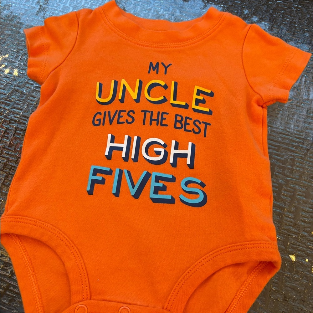 Orange Baby One-Piece Bodysuit with 'My Uncle Gives the Best High Fives' Graphic
